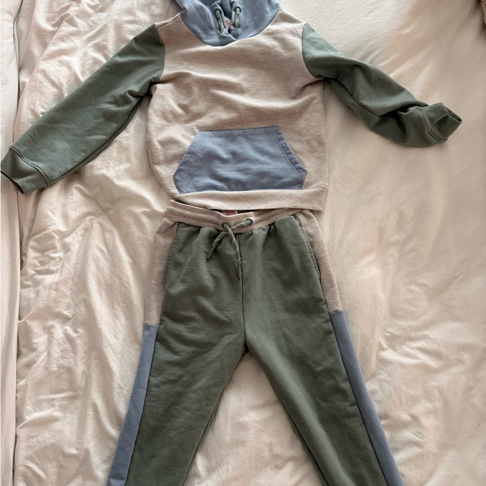 Green and Blue Matching Sweatpants Set with Elastic Waistband